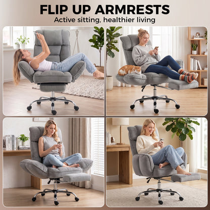 HOMCOM Executive Office Chair Height Adjustable Desk Chair Reclining Flip-up Armrest Footrest, Grey