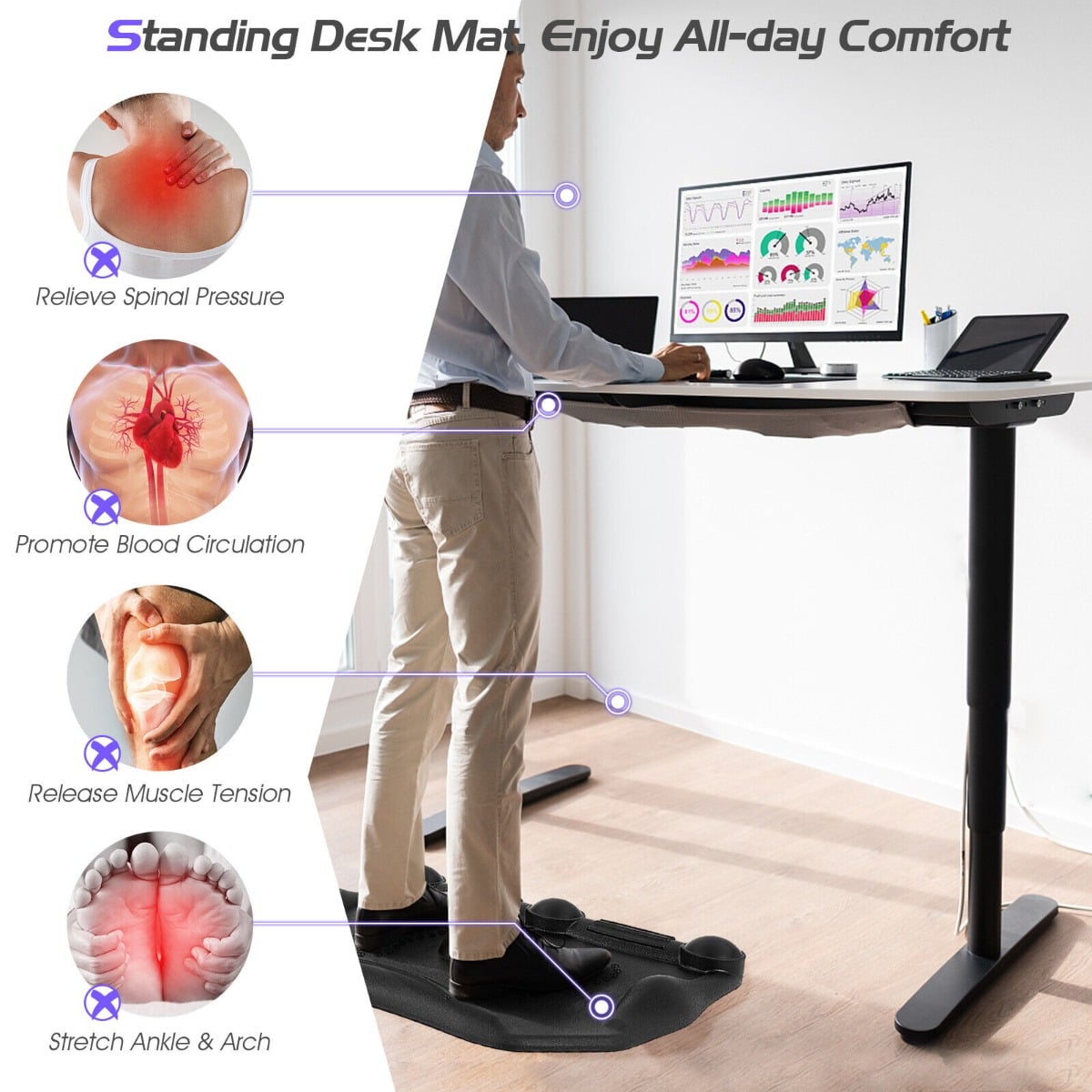 Ergonomic Anti Fatigue Mat with Rolling Massage Ball and Points-Black