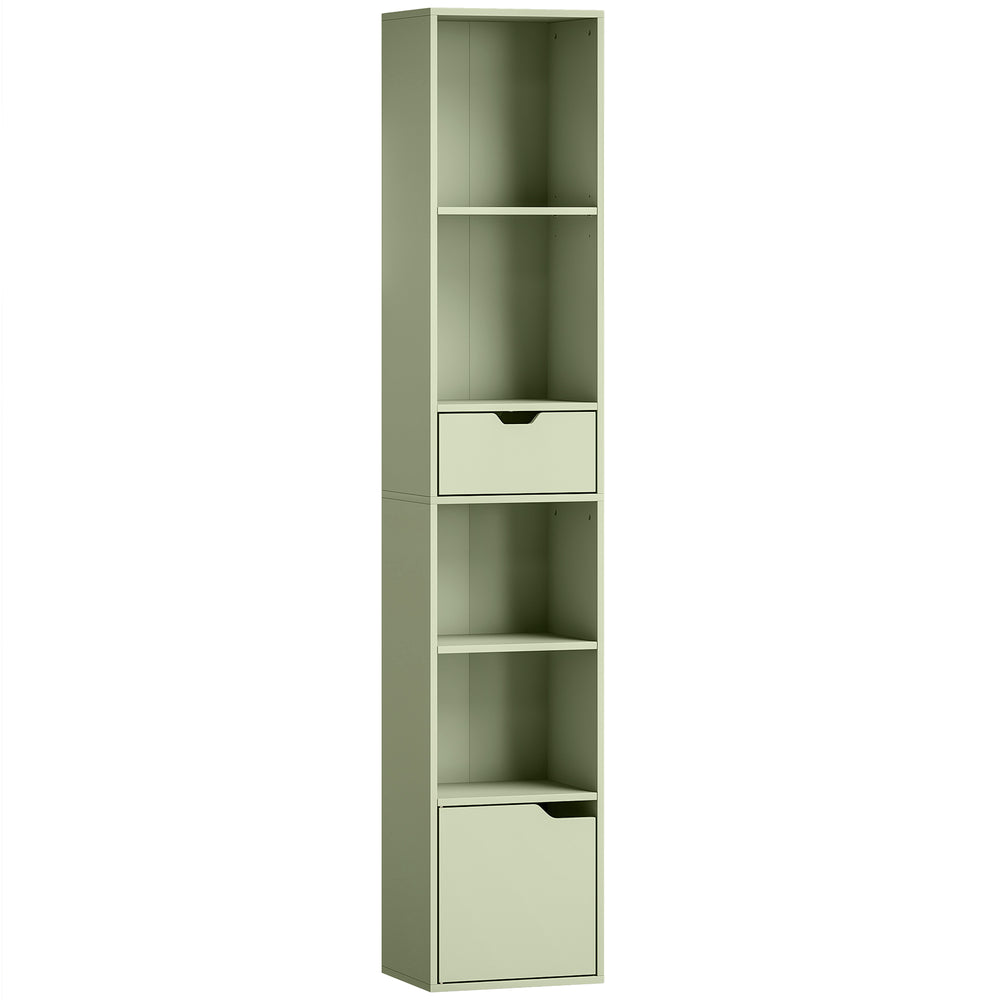HOMCOM 6-Tier Bookcase, Tall Narrow Bookshelf with Drawer and Door - Green