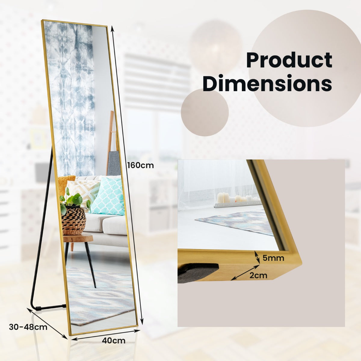 160 x 40cm Full Length Mirror with Shatter-proof Glass-Golden