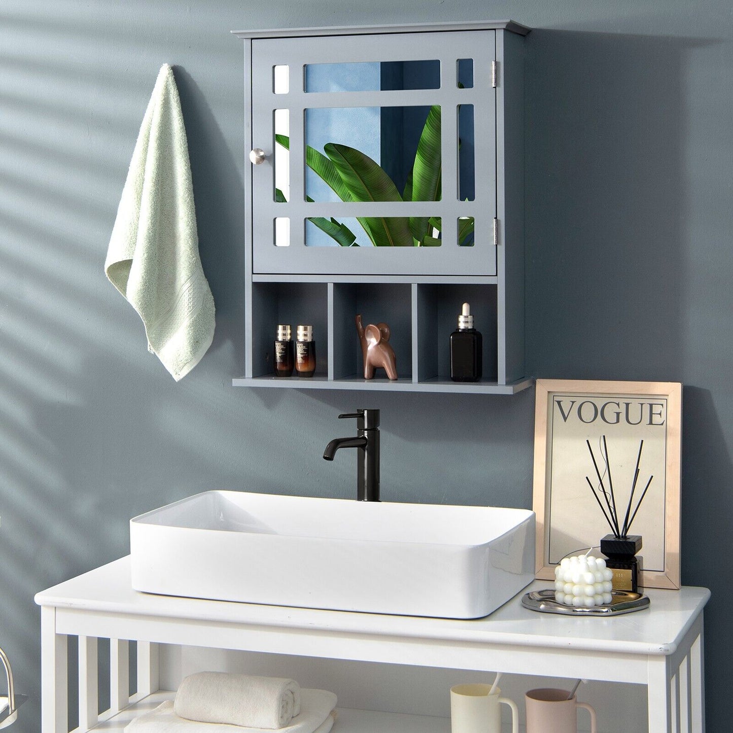 Mirror Door Cabinet with Adjustable Shelf and 3 Compartments-Grey