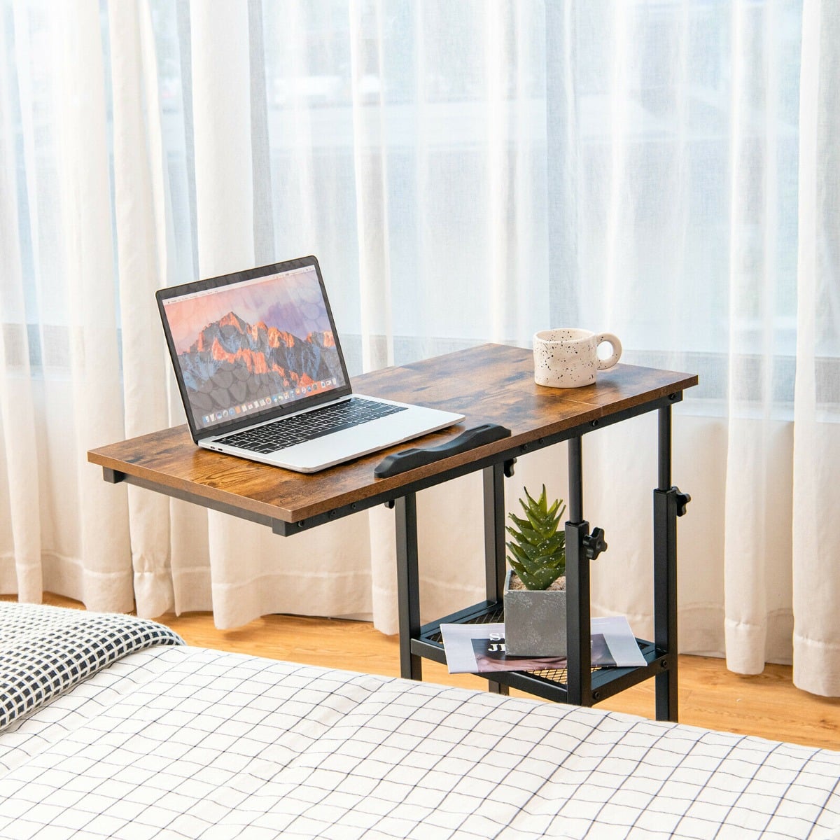 C-Shaped Mobile Couch Side Table with Height Adjustable Storage-Coffee