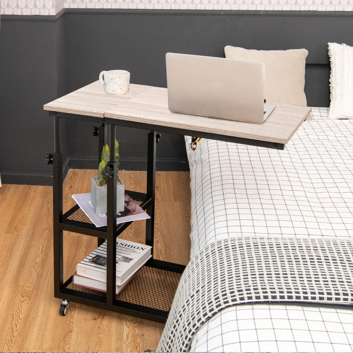 Mobile Couch Side Table with Height Adjustable Storage-Natural
