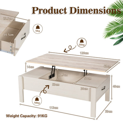 Lift Up Top Coffee Table with Hidden Storage Compartment-White