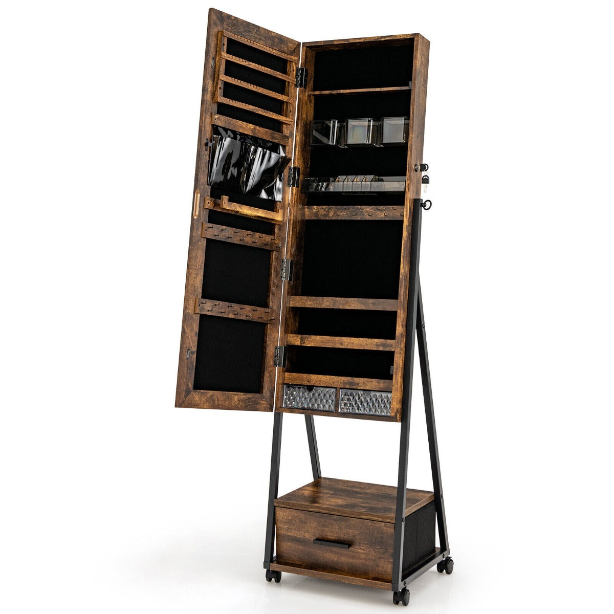 Mobile Standing Lockable Jewelry Cabinet with Full Length Mirror-Coffee