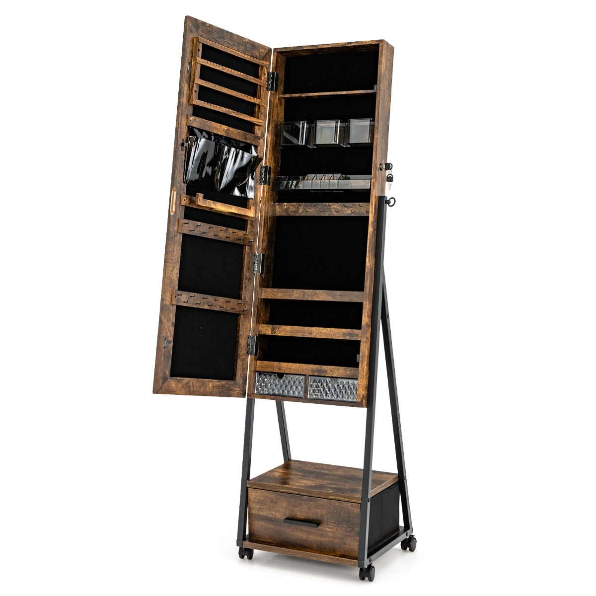 Mobile Standing Lockable Jewelry Cabinet with Full Length Mirror-Coffee