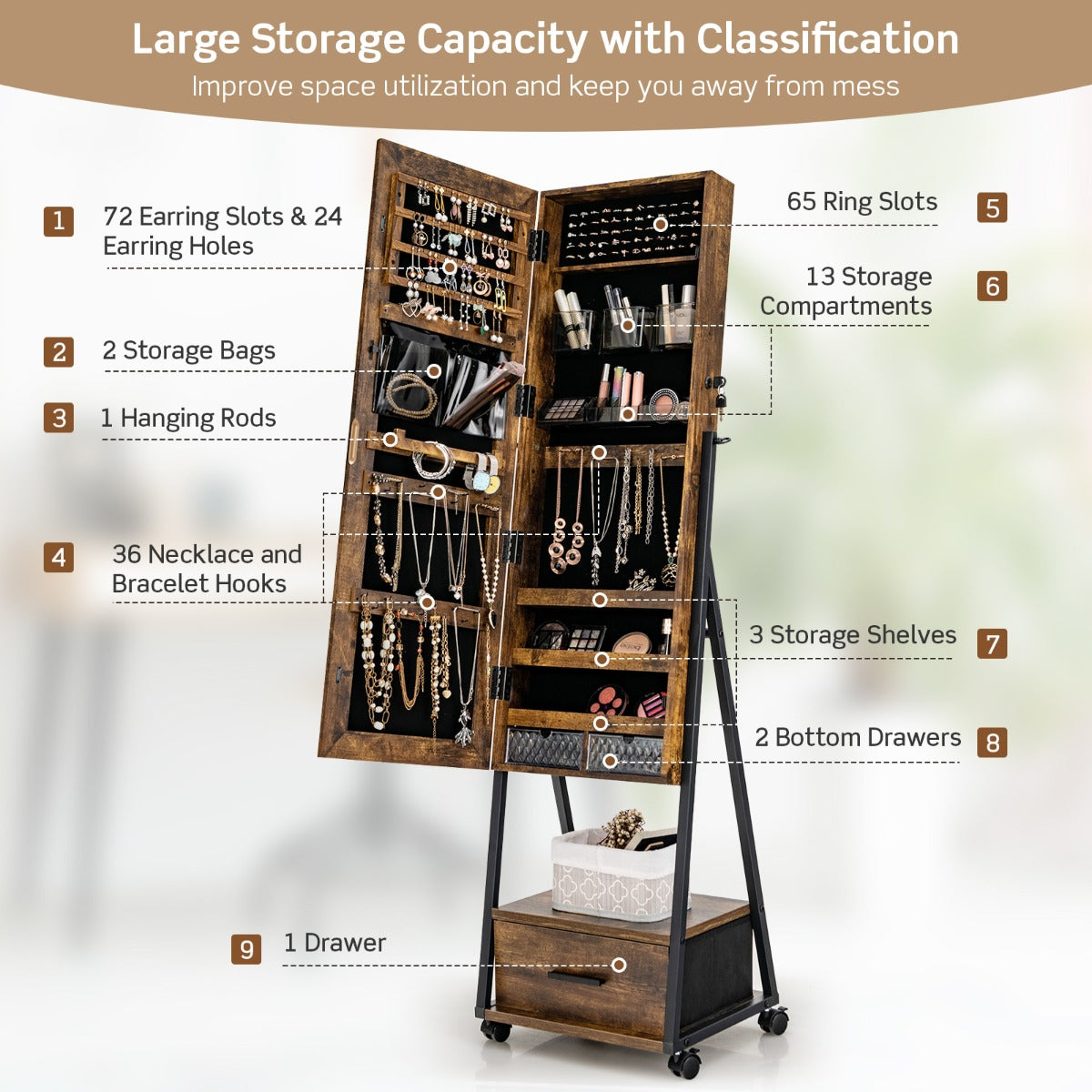 Mobile Standing Lockable Jewelry Cabinet with Full Length Mirror-Coffee