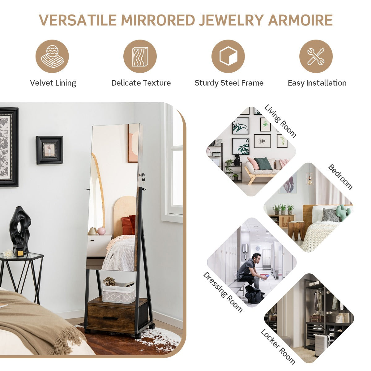 Mobile Standing Lockable Jewelry Cabinet with Full Length Mirror-Coffee