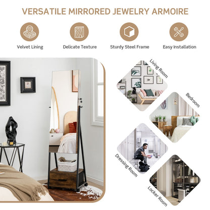 Mobile Standing Lockable Jewelry Cabinet with Full Length Mirror-Coffee