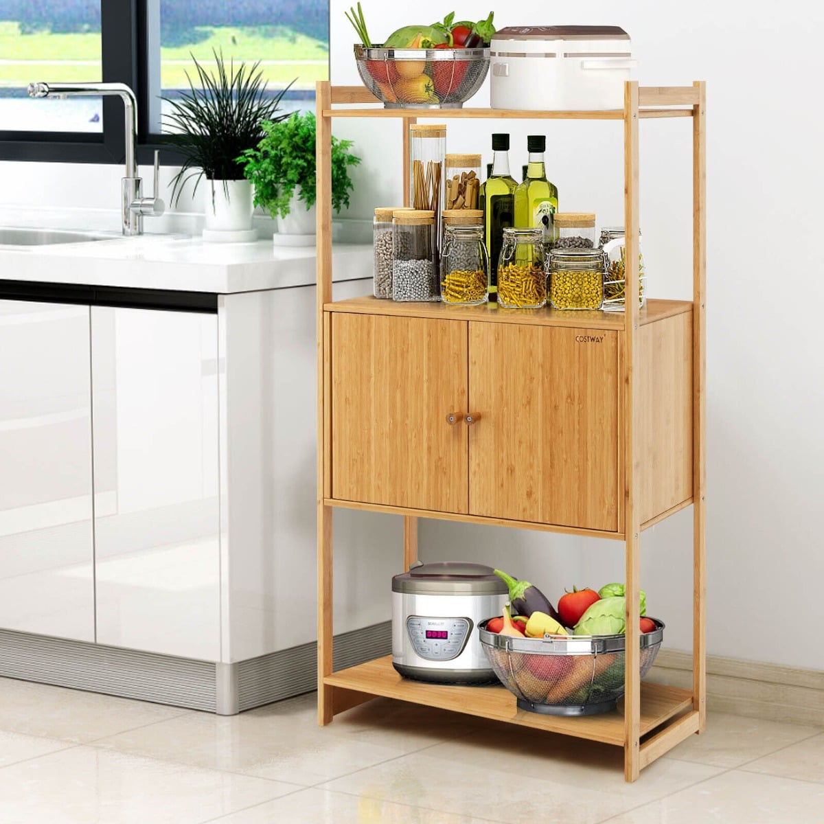 Bamboo Bathroom Storage Cabinet with 3 Shelves and 2-Door Cabinet-Natural