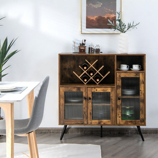 Industrial Wooden Kitchen Storage Cabinet with Tempered Glass Doors-Brown