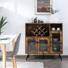 Industrial Wooden Kitchen Storage Cabinet with Tempered Glass Doors-Brown
