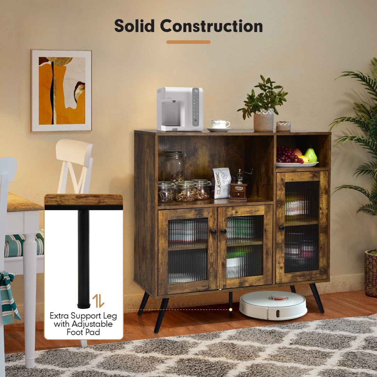 Industrial Wooden Kitchen Storage Cabinet with Tempered Glass Doors-Brown