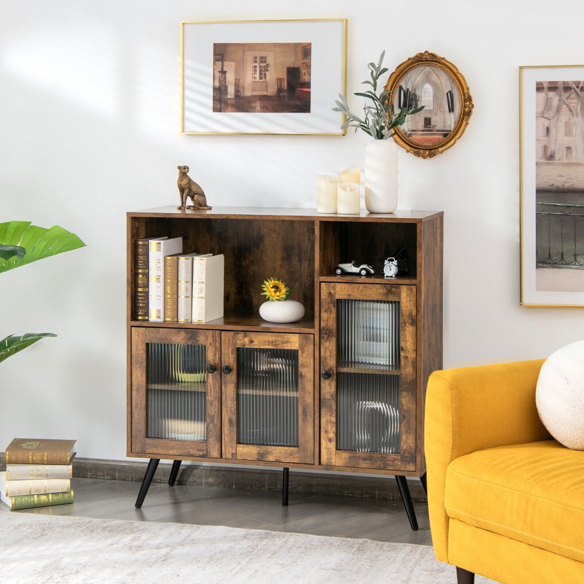 Industrial Wooden Kitchen Storage Cabinet with Tempered Glass Doors-Brown