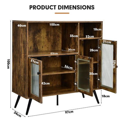 Industrial Wooden Kitchen Storage Cabinet with Tempered Glass Doors-Brown