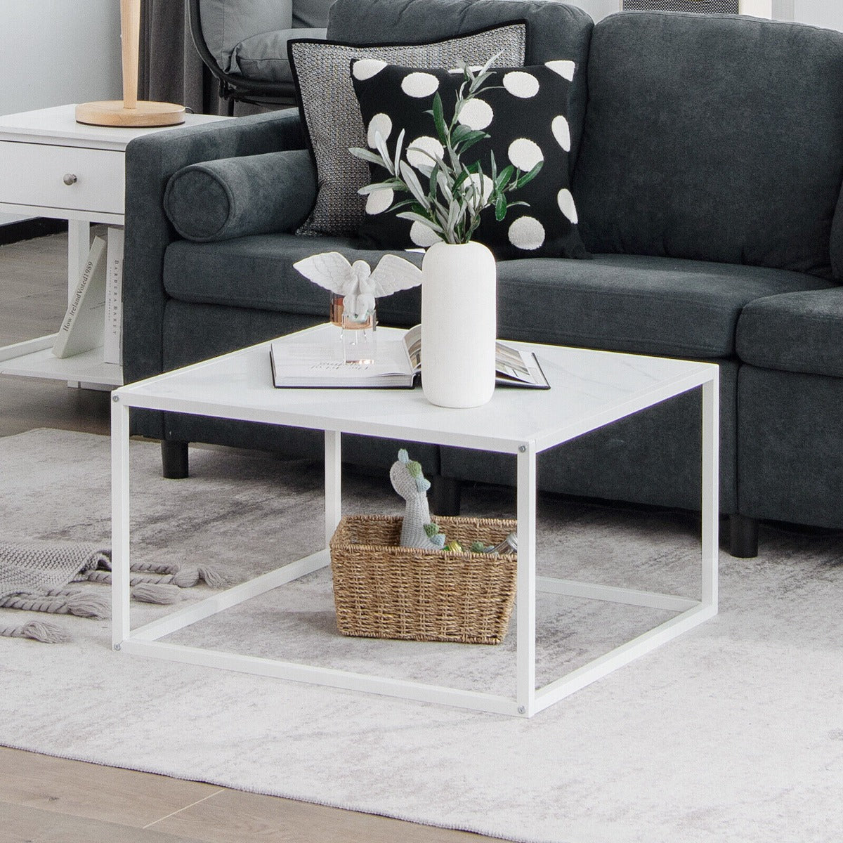 Modern Square Leisure Coffee Table  with Faux Marble Tabletop-White