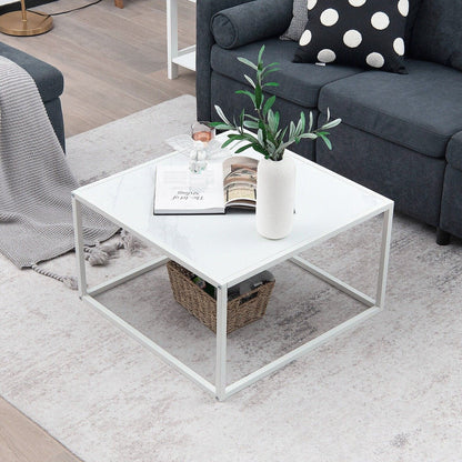 Modern Square Leisure Coffee Table  with Faux Marble Tabletop-White