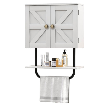 Bathroom Wall Cabinet with Double Door and Open Shelf and Towel Rack-White