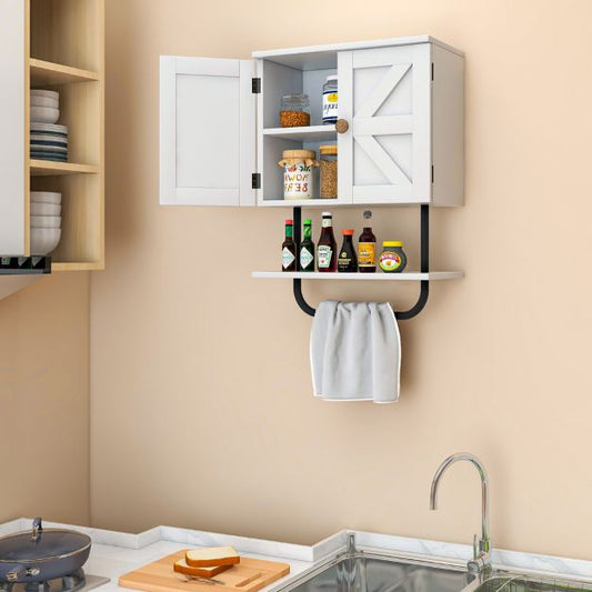 Bathroom Wall Cabinet with Double Doors & Open Shelf & Towel Rack-White