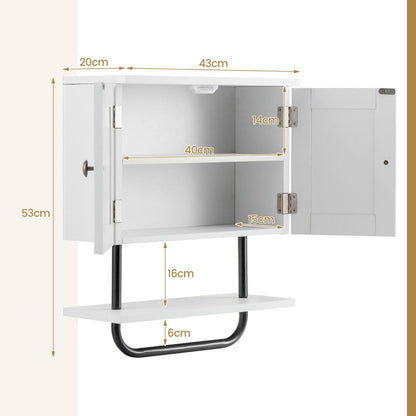 Bathroom Wall Cabinet with Double Door and Open Shelf and Towel Rack-White