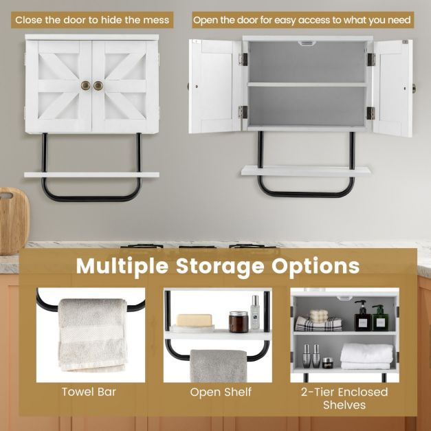 Bathroom Wall Cabinet with Double Doors & Open Shelf & Towel Rack-White