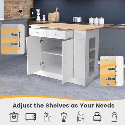 Drop-Leaf Kitchen Island with Extendable Worktop and Adjustable Shelves-White