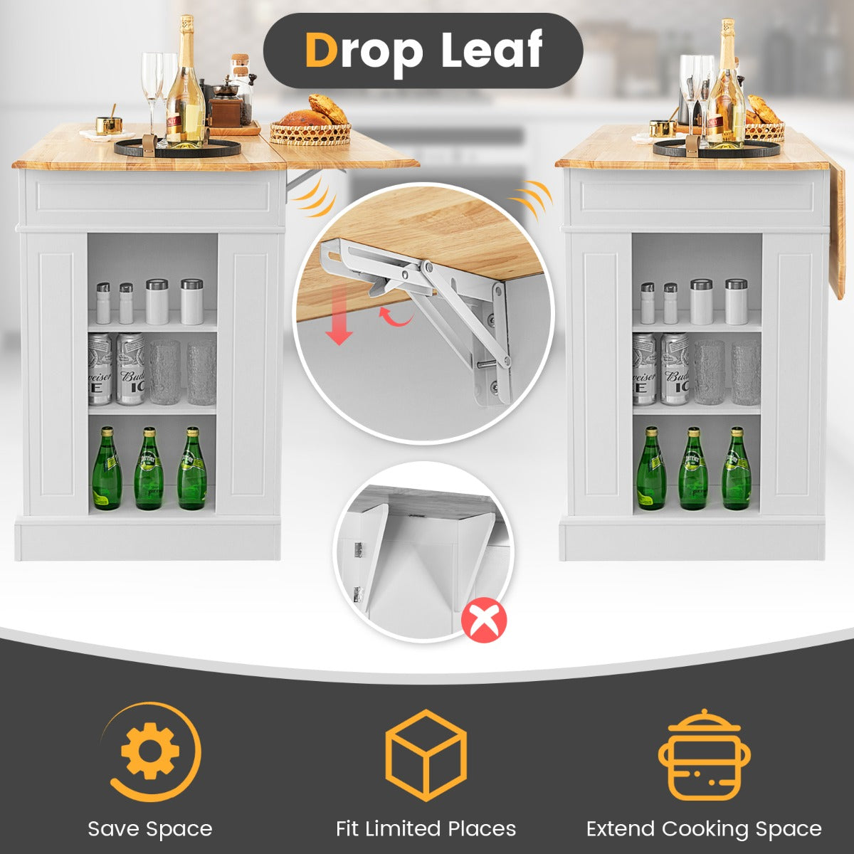 Drop-Leaf Kitchen Island with Extendable Worktop and Adjustable Shelves-White