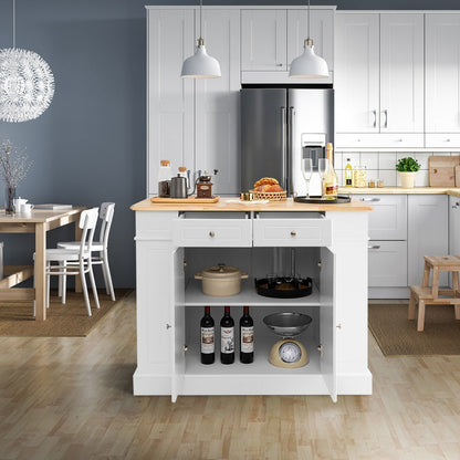 Drop-Leaf Kitchen Island with Extendable Worktop and Adjustable Shelves-White