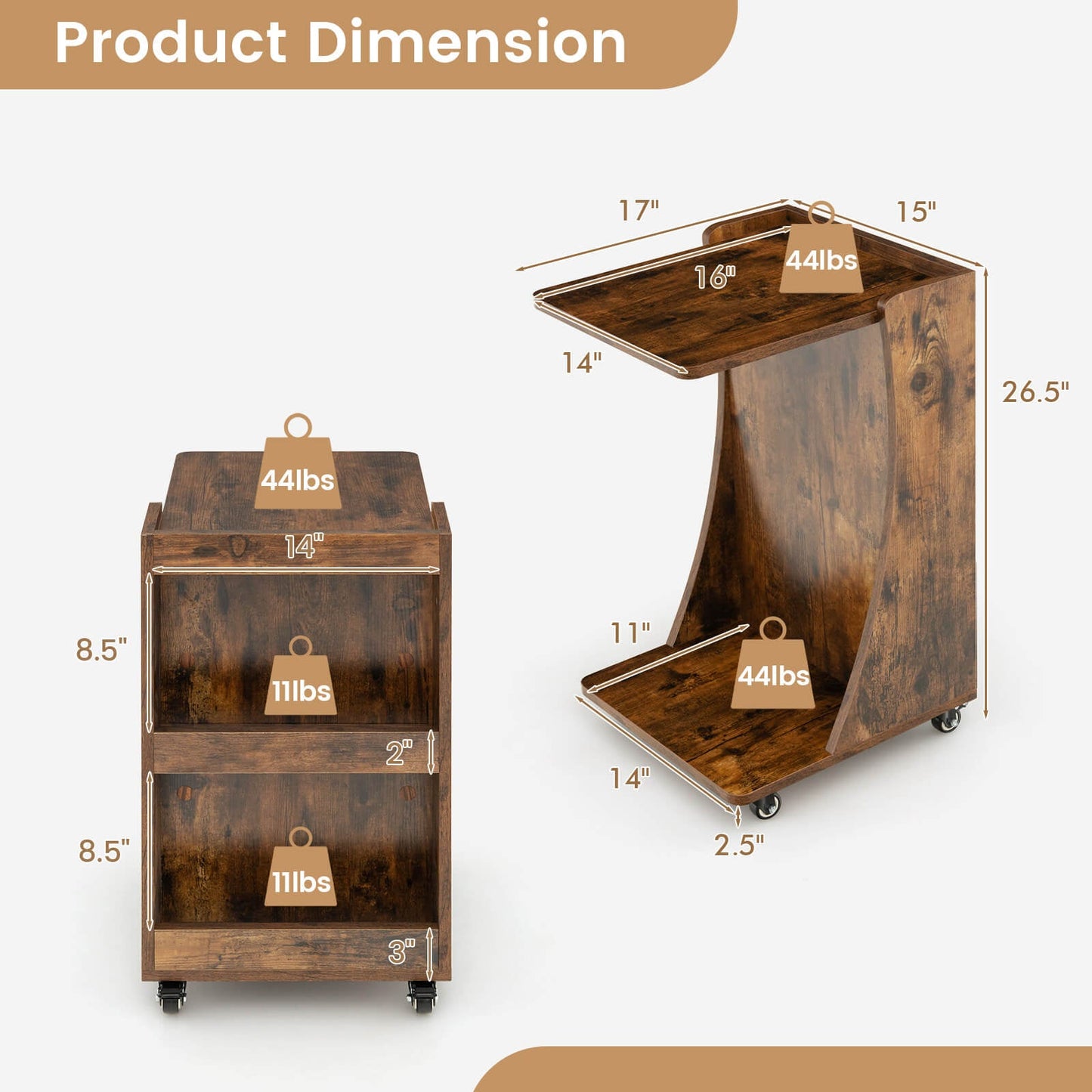 C-shaped Mobile Side Table with 2-Tier Open Shelf & 2 Compartments-Brown