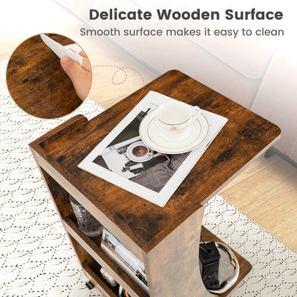 C-shaped Mobile Side Table with 2-Tier Open Shelf & 2 Compartments-Brown