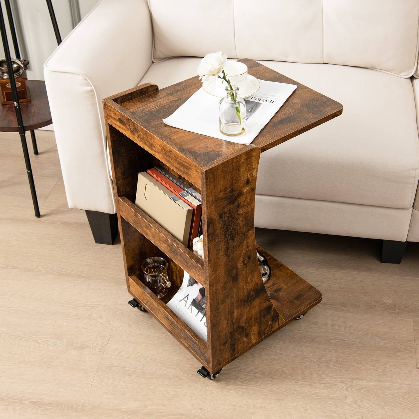 C-shaped Mobile Side Table with 2-Tier Open Shelf & 2 Compartments-Brown