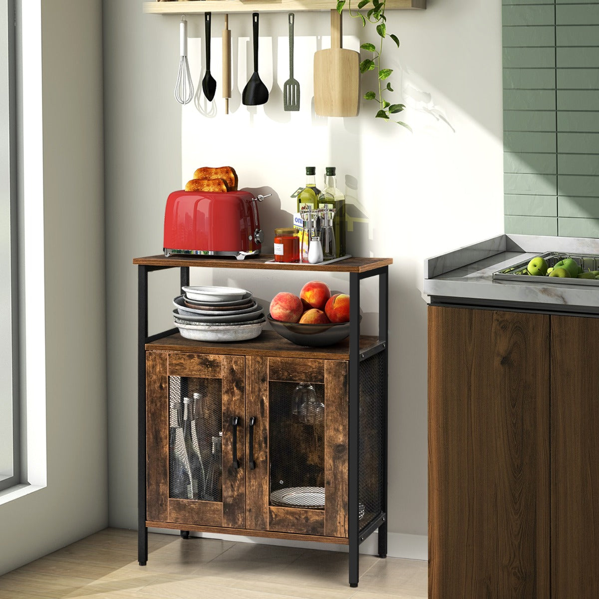 Wine Bar Cabinet with Removable Wine Rack & Glass Holder for Kitchen