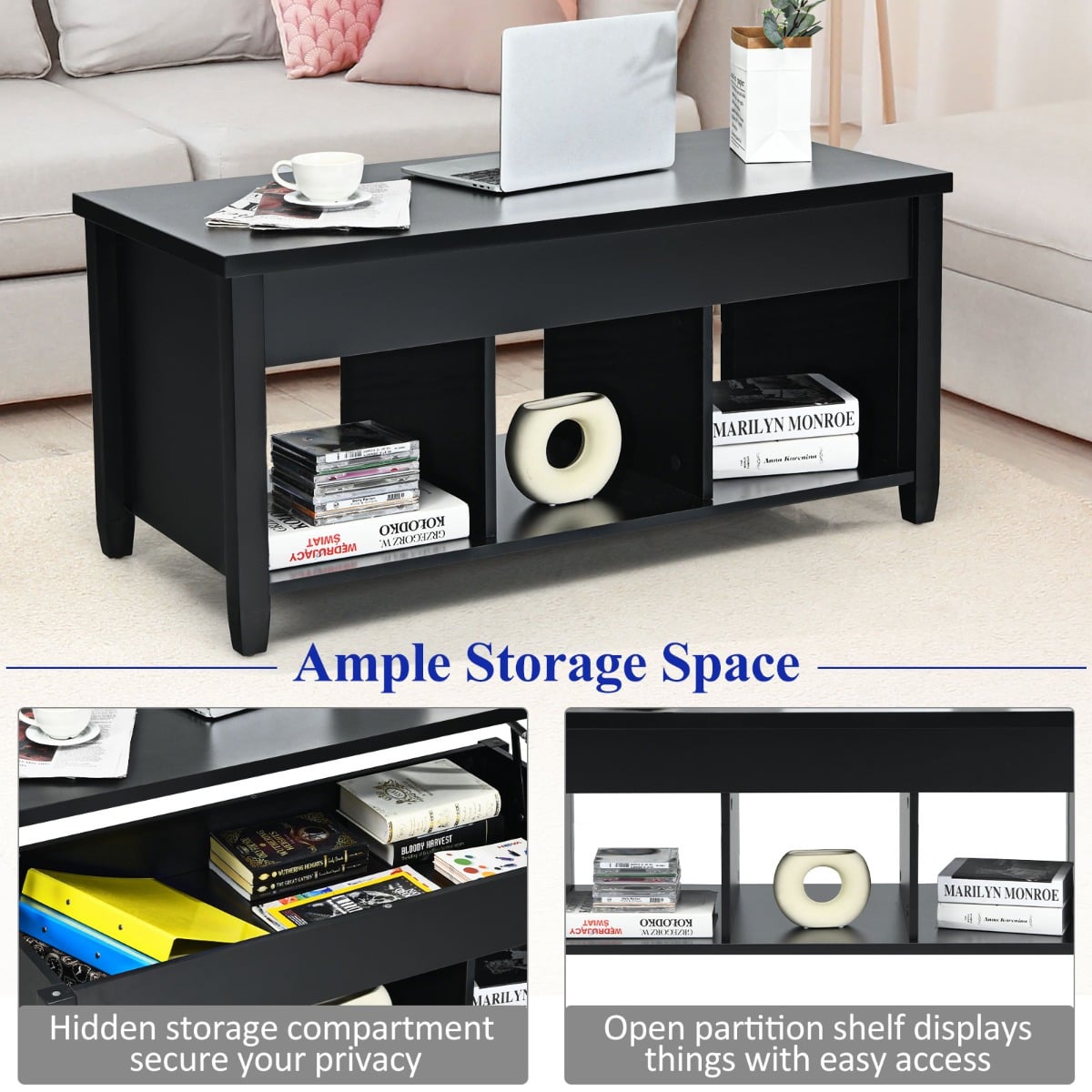 Rising Center Table with Lift Top Hidden Compartment-Black