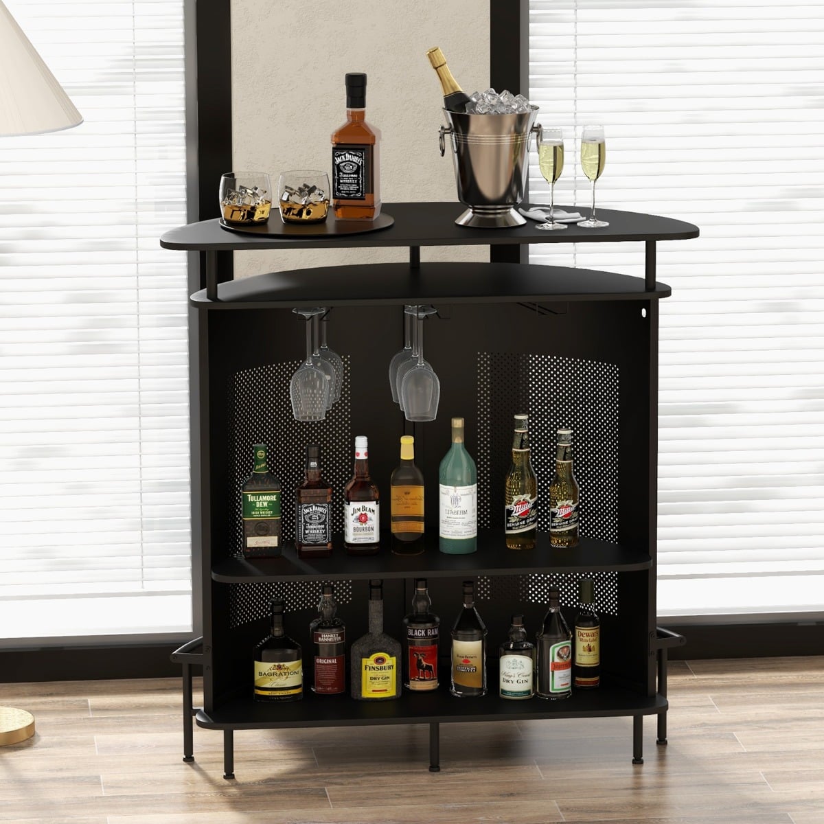 4-Tier Bar Table with Storage Shelves and 3 Stemware Holders-Black