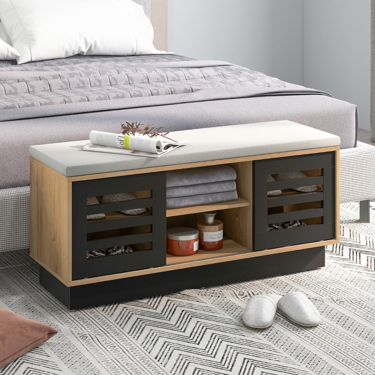 Shoe Bench with 6 Storage Compartments and 3 Adjustable Shelves and Cushion-Natural