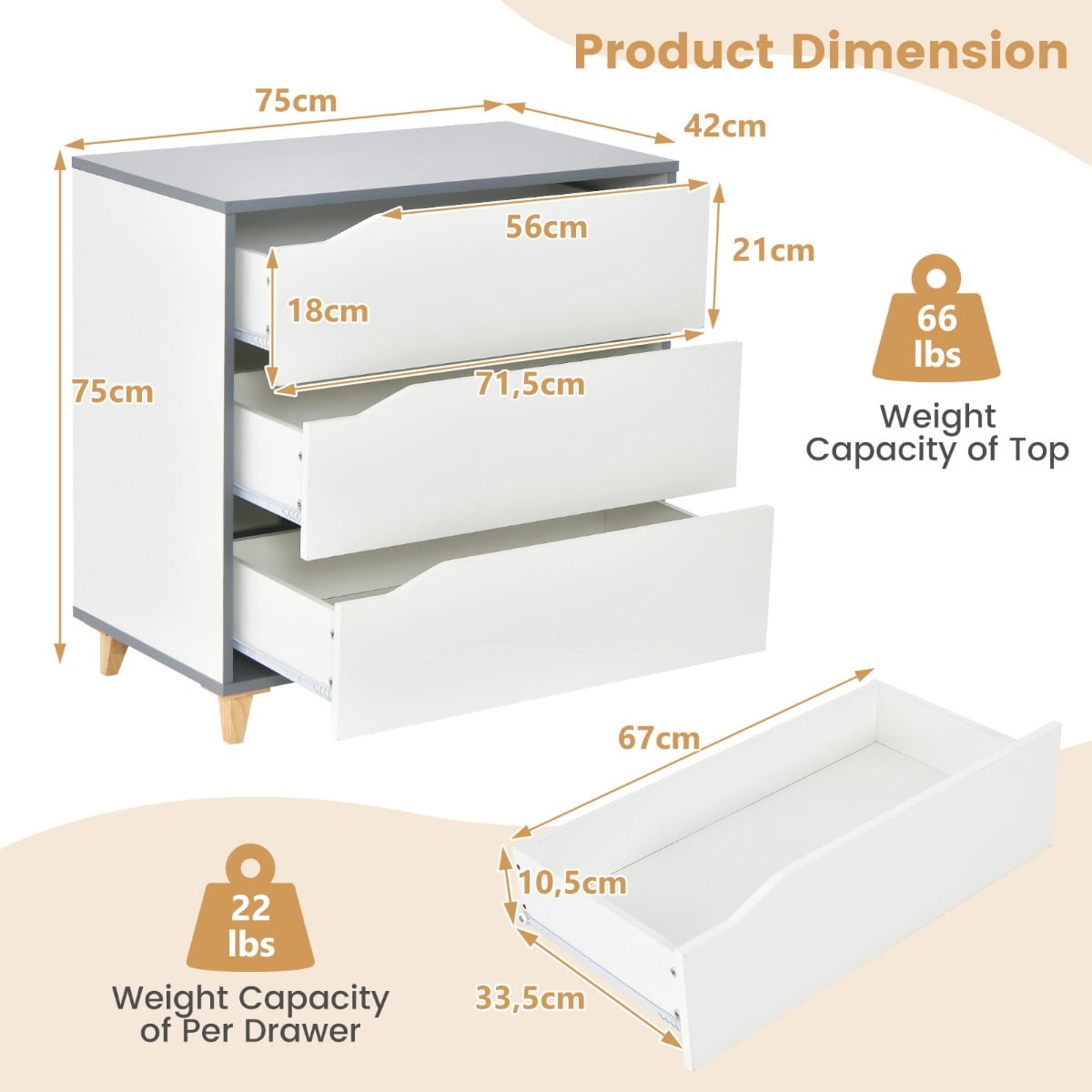 Modern 3 Drawer Chest Dresser with Large Storage Capacity Embedded Handle-White