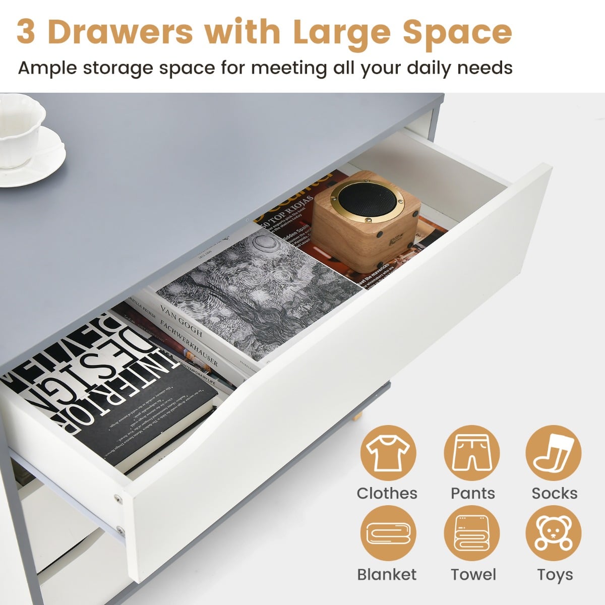 Modern 3 Drawer Chest Dresser with Large Storage Capacity Embedded Handle-White