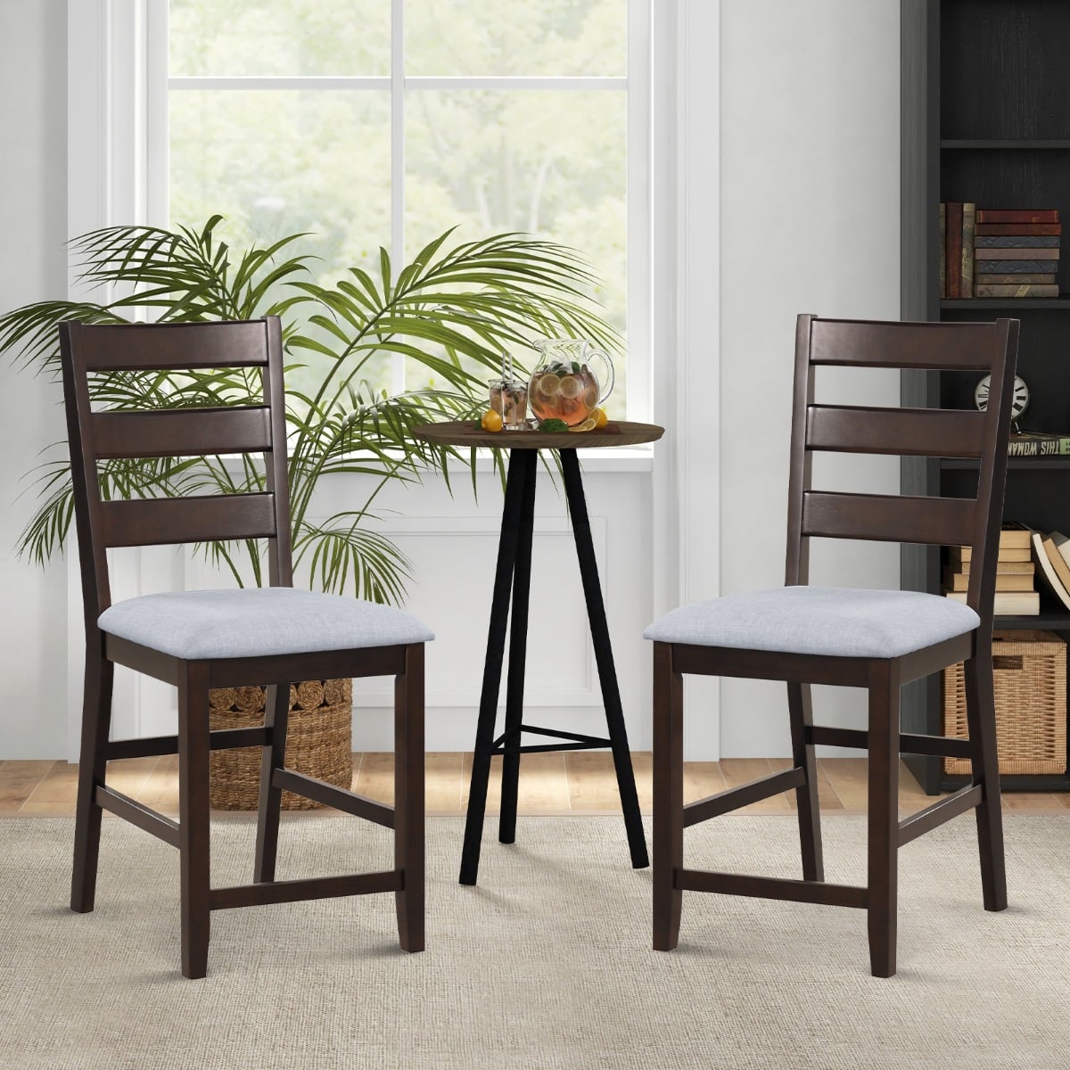 2-Piece Counter Height Bar Stool Set with Padded Seat and Rubber Wood Legs-Brown