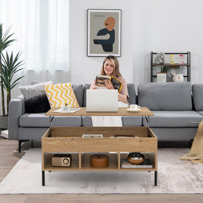 Lift Top Coffee Table with 3 Compartments and Hidden Storage Metal Leg Coffee Table with Pneumatic Lift Natural