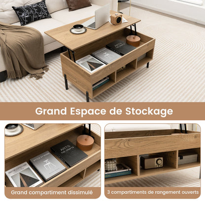 Lift Top Coffee Table with 3 Compartments and Hidden Storage Metal Leg Coffee Table with Pneumatic Lift Natural