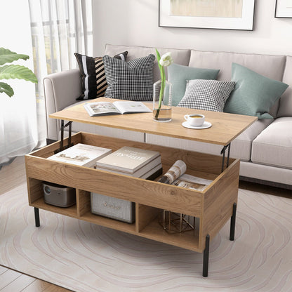 Lift Top Coffee Table with 3 Compartments and Hidden Storage Metal Leg Coffee Table with Pneumatic Lift Natural