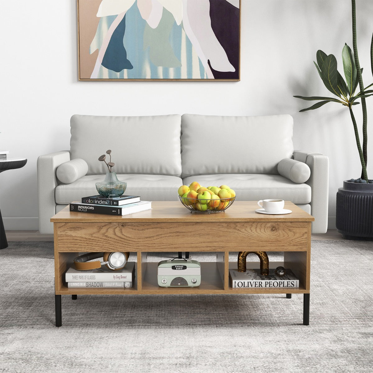 Lift Top Coffee Table with 3 Compartments and Hidden Storage Metal Leg Coffee Table with Pneumatic Lift Natural