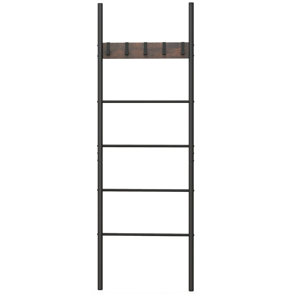 5-Tier Wall Leaning Blanket Ladder with 5 Removable Hooks and Industrial Blanket Holder Rack
