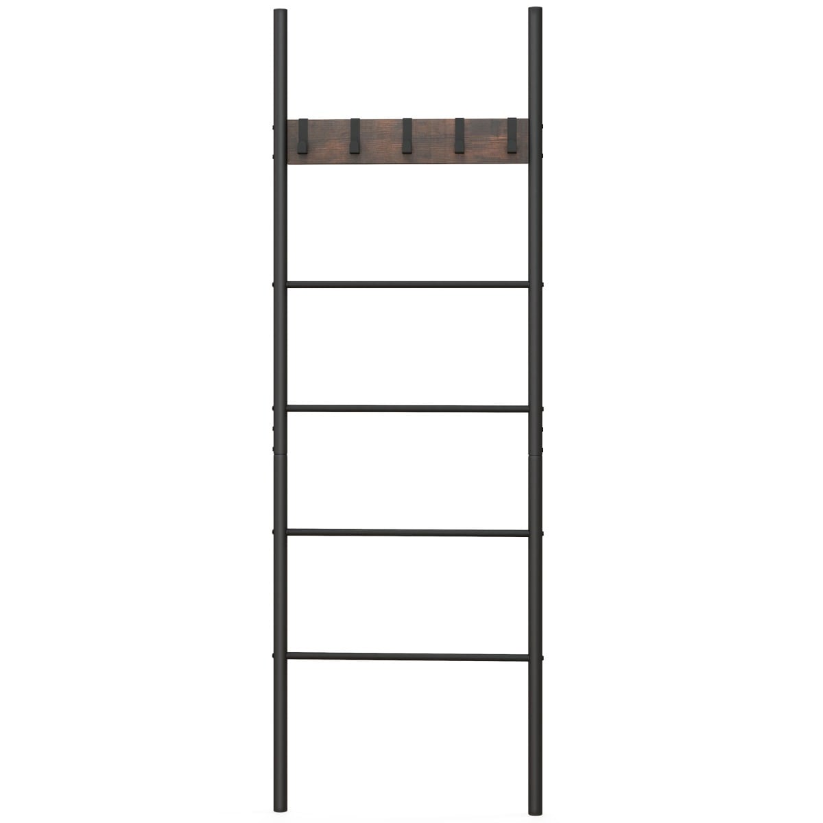 5-Tier Wall Leaning Blanket Ladder with 5 Removable Hooks and Industrial Blanket Holder Rack