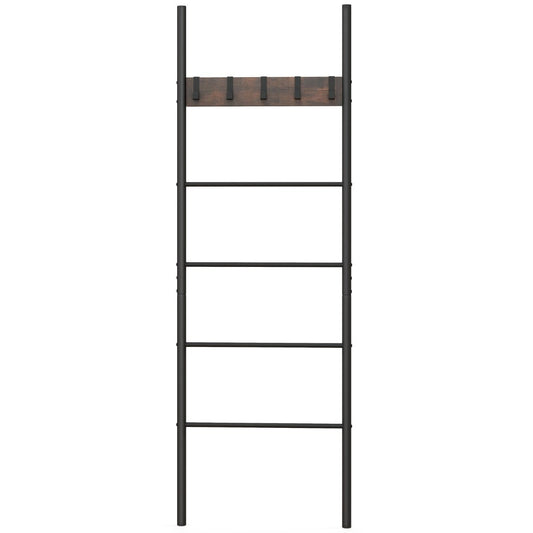5-Tier Wall Leaning Blanket Ladder with 5 Removable Hooks and Industrial Blanket Holder Rack
