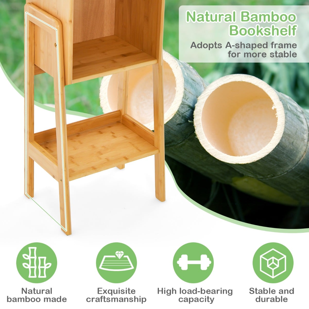 3 Tier Free Standing Tall Bamboo Bookshelf with Legs 
