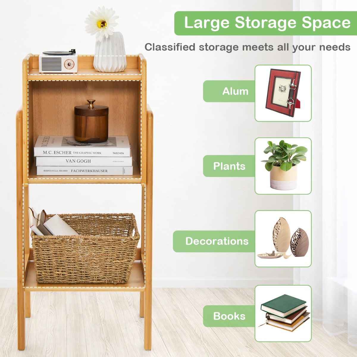 3 Tier Free Standing Tall Bamboo Bookshelf with Legs 