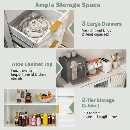 Modern Sideboard Storage Cabinet with 2 Glass Doors and 3 Drawers-White