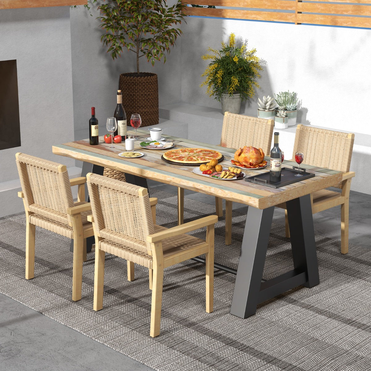 Wood Chair Set of 2 with Paper Rope Woven Seat-Natural