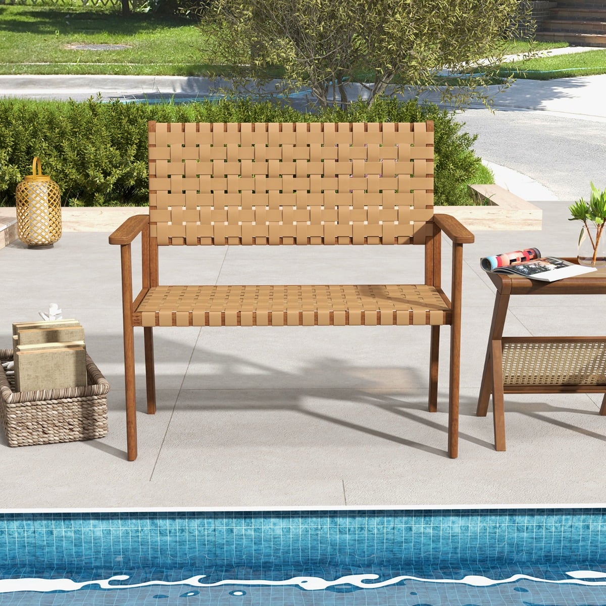 Outdoor All Weather Bench with Solid Rubber Wood Frame and Hand Woven PU Leather-Natural